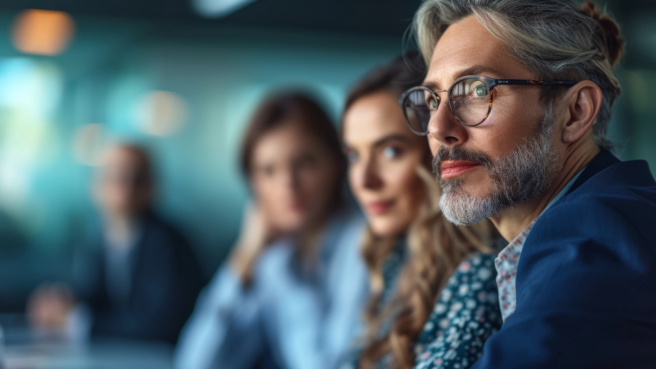 A group of people sitting in a row with one man looking away