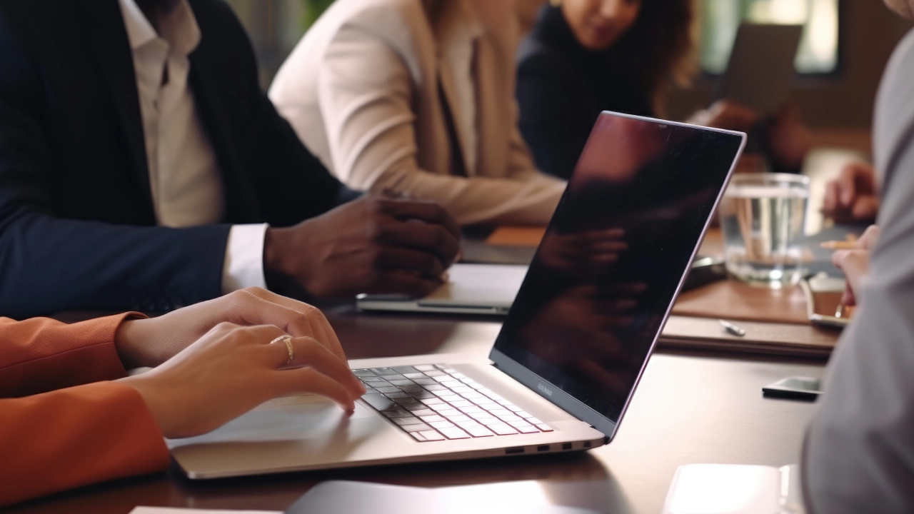 Diverse corporate team engaged in brainstorming around laptop, teamwork